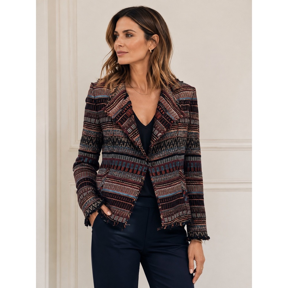 RIANI Textured Tweed Blazer Jacket Size 4 Fringe Trim Multicolor Designer